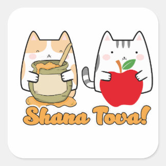 Rosh Hashanah kawaii Katten - Joods Nieuwjaar Vierkante Sticker
