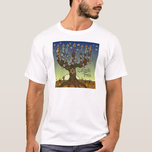 Rosh Hashanah L'Shanah Tovah Tree of Life Menorah T-shirt (Voorkant)