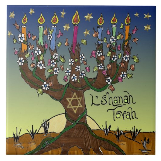 Rosh Hashanah L'Shanah Tovah Tree of Life Menorah Tegeltje (Voorkant)