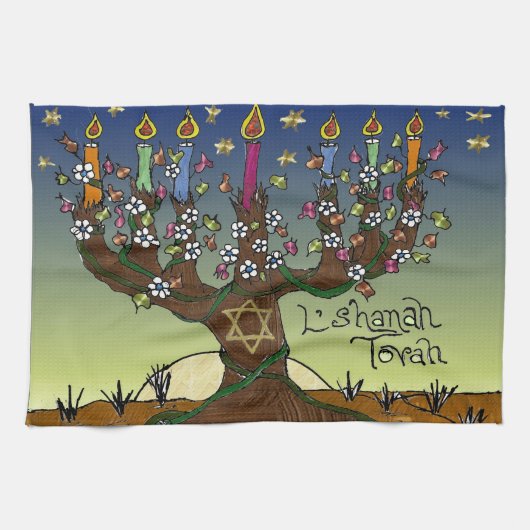 Rosh Hashanah L'Shanah Tovah Tree of Life Menorah Theedoek (Horizontaal)