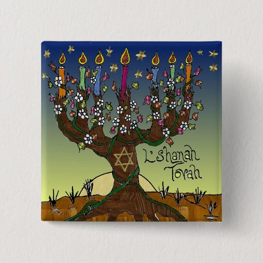 Rosh Hashanah L'Shanah Tovah Tree of Life Menorah Vierkante Button 5,1 Cm (Voorkant)