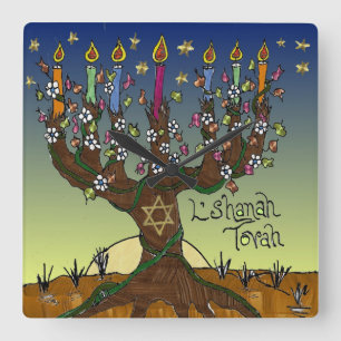 Rosh Hashanah L'Shanah Tovah Tree of Life Menorah Vierkante Klok