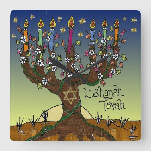 Rosh Hashanah L'Shanah Tovah Tree of Life Menorah Vierkante Klok (Voorkant)
