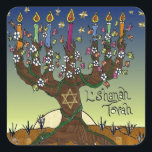 Rosh Hashanah L'Shanah Tovah Tree of Life Menorah Vierkante Sticker<br><div class="desc">U bekijkt het Lee Hiller Design Collectie van Home en Kantoor Decor,  Apparel,  Gifts en Collectibles. De Design zijn onder meer Lee Hiller Photography en Mixed Media Digital Art Collectie. Je kunt haar Natuur fotografie uitzichten op http://HikeOurPlanet.com/ en haar wandelende blog volgen in Hot Springs National Park.</div>