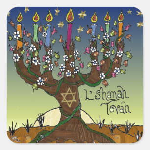 Rosh Hashanah L'Shanah Tovah Tree of Life Menorah Vierkante Sticker