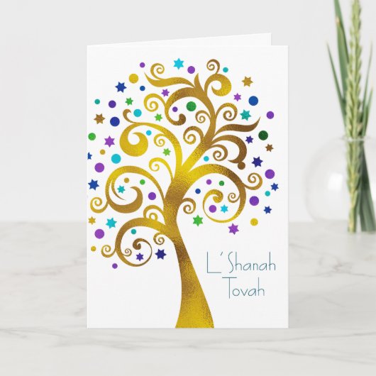Rosh Hashanah Modern Gold & Blue Folie Tree of Lif Kaart (Voorkant)
