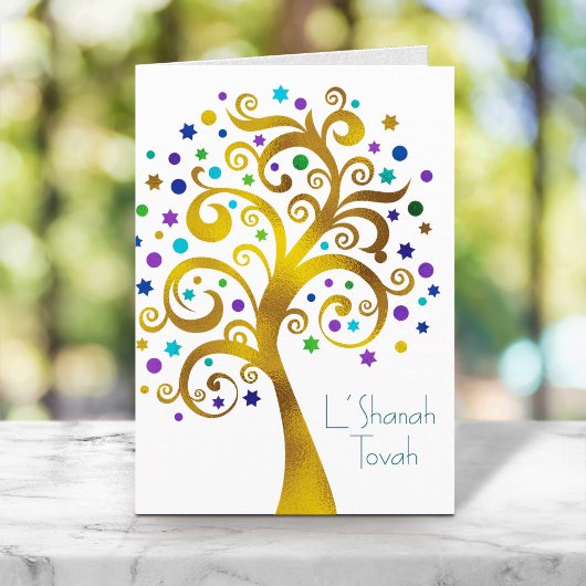 Rosh Hashanah Modern Gold & Blue Folie Tree of Lif Kaart