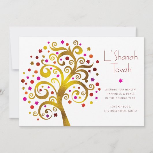 Rosh Hashanah Moderne Rode Gouden Folie Levensboom Feestdagenkaart (Voorkant)
