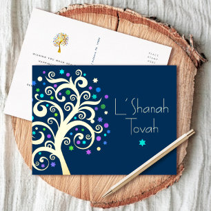 Rosh Hashanah Navy Blue Tree of Life Real Gold Folie Feestdagen Briefkaart