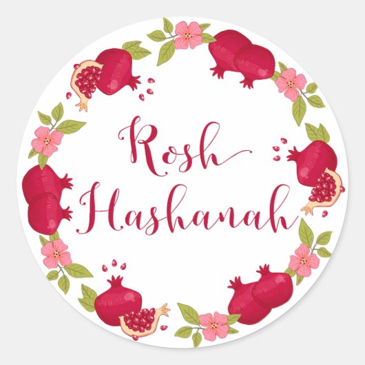 Rosh Hashanah New Year Pomegranate Flower Wreath Ronde Sticker (Voorkant)