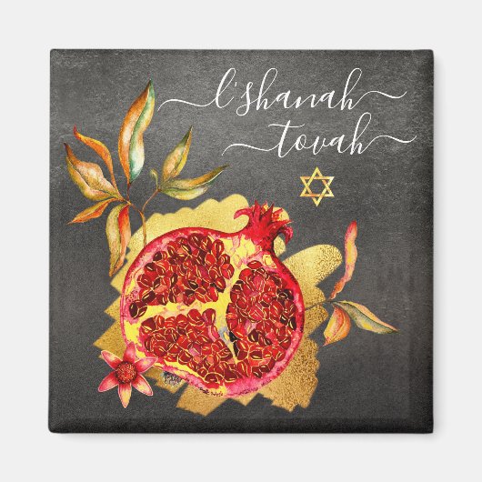 Rosh Hashanah Pomegranate Red Waterverf Gold Grey Magneet (Voorkant)