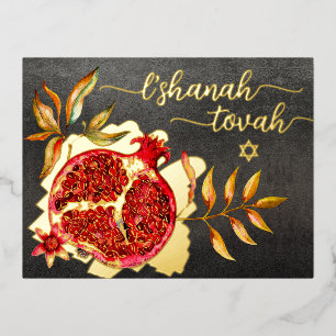 Rosh Hashanah Red Pomegranate Waterverf Real Gold Folie Feestdagen Briefkaart