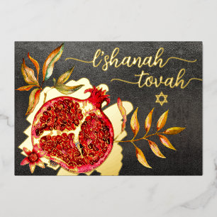 Rosh Hashanah Red Pomegranate Waterverf Real Gold Folie Feestdagenkaart