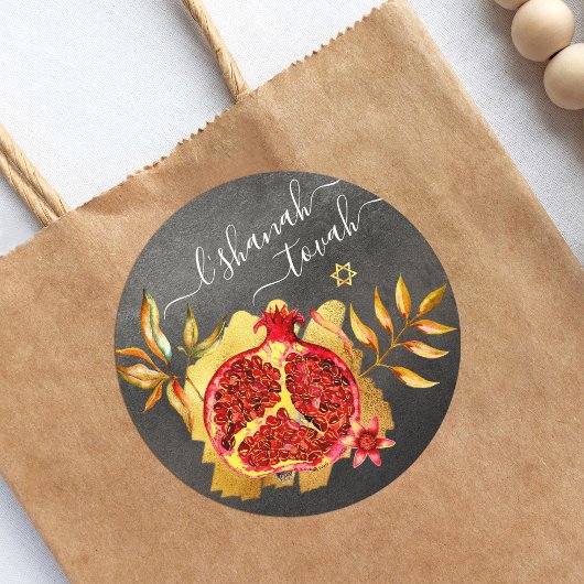 Rosh Hashanah Red Waterverf Pomegranate Gold Grey Ronde Sticker