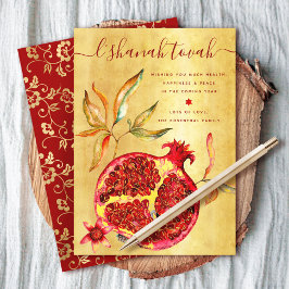 Rosh Hashanah Rode Aquarel Granaatappel op Goud Feestdagenkaart
