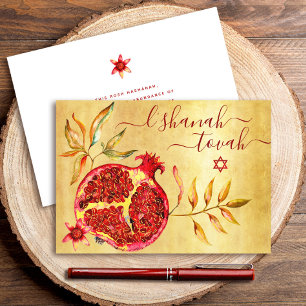 Rosh Hashanah Rode Granaatappel Aquarel op Goud Kaart