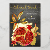 Rosh Hashanah Rood Aquarel Granaatappel Echt Goud Folie Feestdagenkaart (Voorkant)
