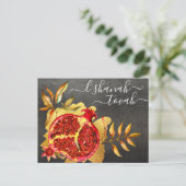 Rosh Hashanah Rood Goud Aquarel Granaatappel Grijs Feestdagenkaart (Staand voorkant)