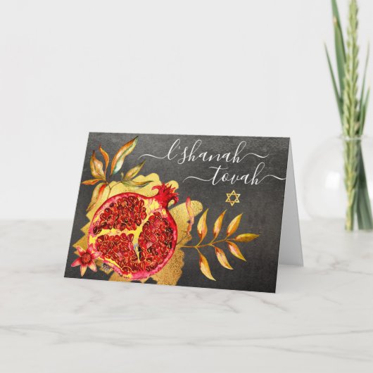 Rosh Hashanah rood goud granaatappel Waterverf gri Kaart (Voorkant)
