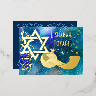 Rosh Hashanah Star Shofar Blue Real Gold Foil Kaar Folie Uitnodiging Briefkaart