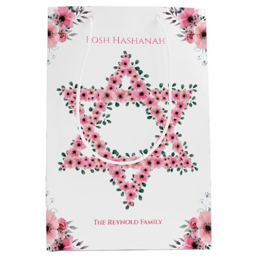Rosh Hashanah Star van David Pink Flower White Medium Cadeauzakje (Voorkant)
