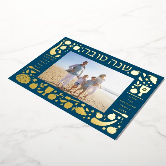 Rosh Hashanah Sweet Jwish New Year FoBlue Folie Feestdagenkaart (Gedraaid)