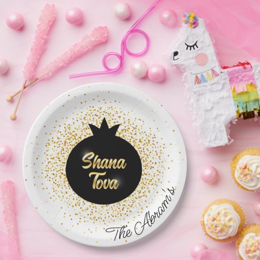 Rosh Hashanah Wit Zwart-Goud Sparkly Granaatappel Papieren Bordje (Feest)