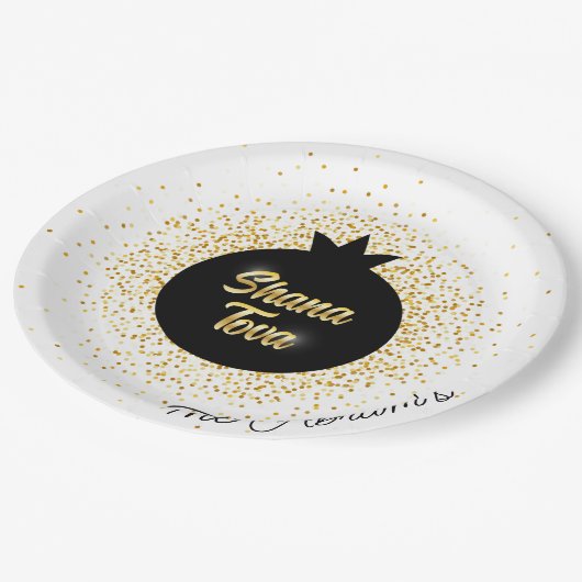 Rosh Hashanah Wit Zwart-Goud Sparkly Granaatappel Papieren Bordje (Gekanteld)