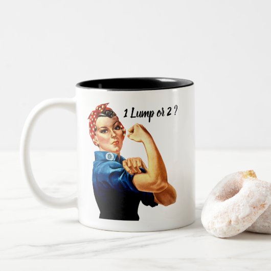 Rosie De Riveter Jouw tekst Tweekleurige Koffiemok (Met donut)