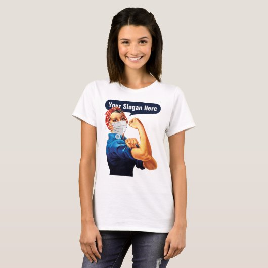 Rosie de riveter met masker - voeg uw eigen slogan t-shirt (Voorkant volledig)