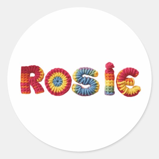 Rosie Naam In Levendig Haakpatroon Ronde Sticker (Voorkant)