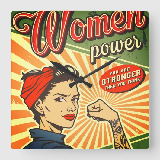 Rosie Riveter, Woman Power Retro Design Vierkante Klok (Voorkant)