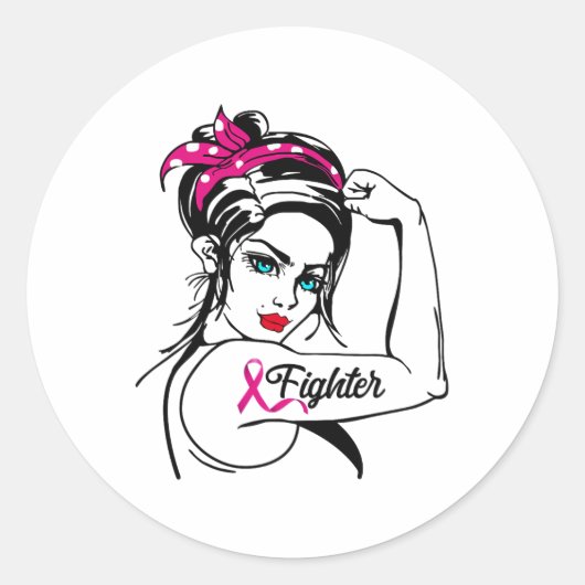 Rosie The Riveter Breast Cancer Awareness Ronde Sticker (Voorkant)