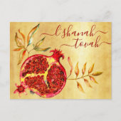 Rosj Hasjana Aquarel Rode Granaatappel op Goud Feestdagenkaart (Voorkant)
