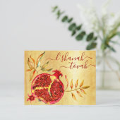 Rosj Hasjana Aquarel Rode Granaatappel op Goud Feestdagenkaart (Staand voorkant)