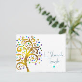 Rosj Hasjana Blauwe Goud Folie Boom des Levens Mod Feestdagenkaart (Staand voorkant)