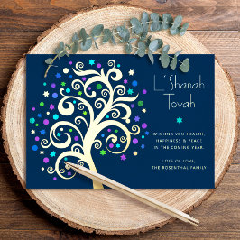 Rosj Hasjana Navy Blue Boom des Levens Echte Goud Folie Feestdagenkaart