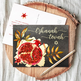 Rosj Hasjana Rode Granaatappel Aquarel Echt Goud Folie Feestdagen Briefkaart