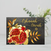 Rosj Hasjana Rode Granaatappel Aquarel Echte Goud Folie Feestdagenkaart (Staand Voorkant)