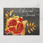 Rosj Hasjana Rood Goud Aquarel Granaatappel Grijs Feestdagenkaart (Voorkant)