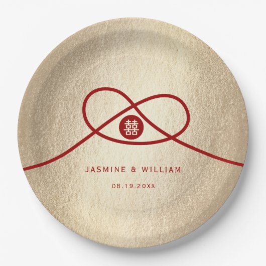 Roske Knotel Union Dubbel Geluk Chinese Huwelijk Papieren Bordje (Voorkant)