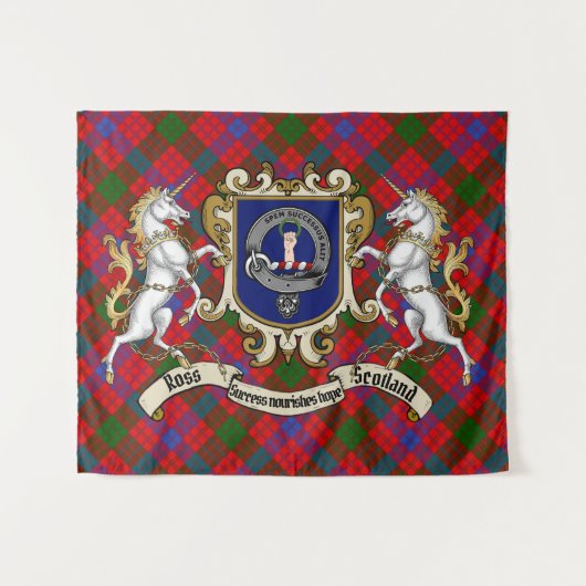Ross Clan Badge & Unicorns met Tartan Wandkleed (Voorkant (horizontaal))