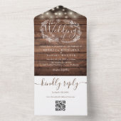 Rost houten QR-code stringlichtjes bloemensieraden All In One Uitnodiging (Binnen)