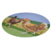 Roster en bruine kip op het platteland snijplank (Hoek)