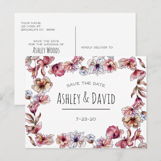 Rostre Postkaart met Bloemmotief en Handgeschreven Uitnodiging Briefkaart (Voorkant / Achterkant)