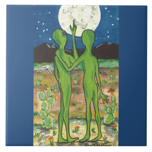 Roswell Alien Romatic crasht UFO Funny Whimsical Tegeltje (Voorkant)