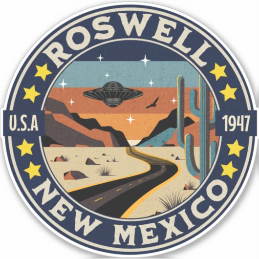 Roswell New Mexico Retro UFO Terrain Sticker (Voorkant)