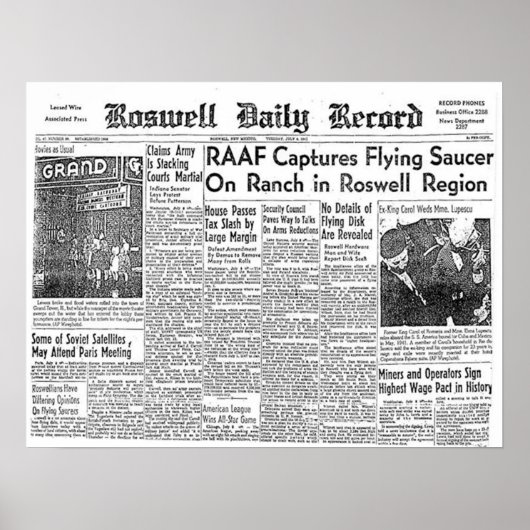 Roswell UFO Incident Newspapier clipping Poster (Voorkant)