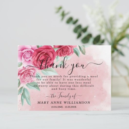 Rosy Blush Elegant Funeral Food Hartelijk dank Bedankkaart (Staand voorkant)