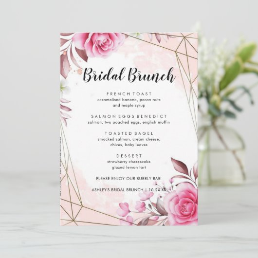 Rosy Blush Floral Bridal Brunch Menu (Staand voorkant)